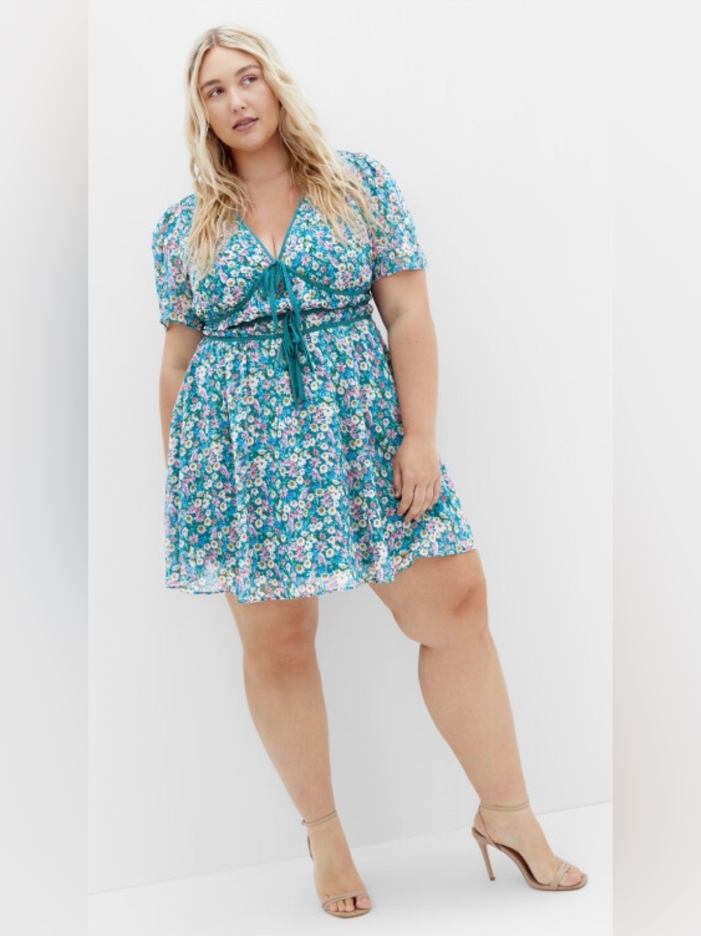 City Chic Teal Blue Floral Tie-Front Mini Dress size 12 XXS